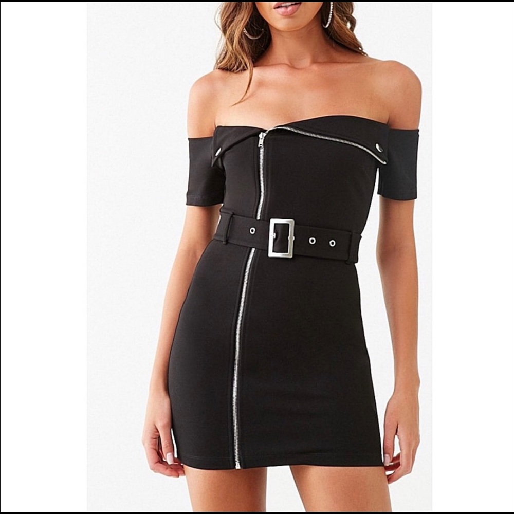 Black off the shoulder zip front belted dress